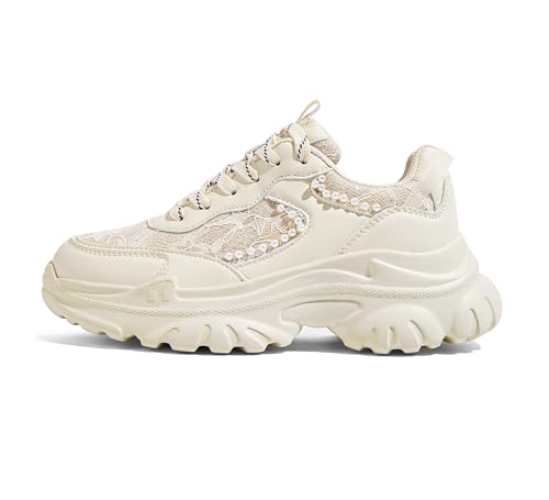 LUCKY STEP Chunky Sneakers for Women Fashion Platform Lace Pearl-Like Beaded Chain Classic Dad Casual Platform Walking Shoes