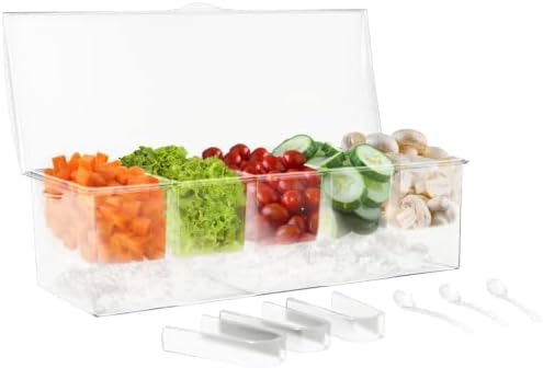 7Penn Condiment Tray with Ice Chamber, 5 Condiment Containers, Lid, 3 Tongs, 3 Spoons - Chilled Condiment Server Caddy