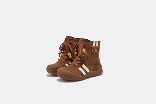 Kids High-Top Suede Boots with Side Pocket, Double Stripes, Brown and Black, Wooden Bead Laces2