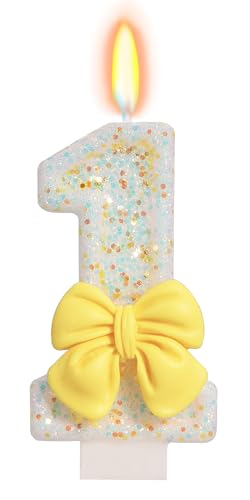 Elekfx Yellow Bowknot Number 1 Candle 1st Birthday Decorations Girl