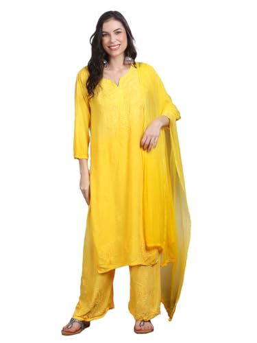 Image of Women's Luxe Lucknowi Chikankari Hand Embroidered Rayon Dyed Kurti Palazzo Dupatta Set - Designer Ethnic Wear for Wedding, Festive & Party Occasions
