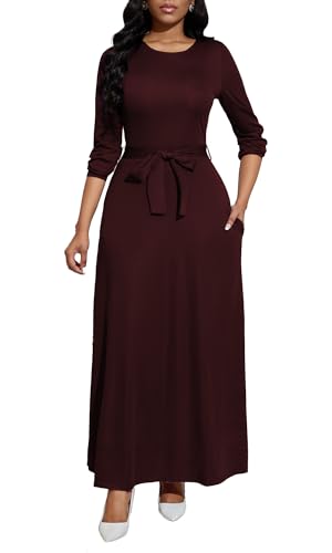 Image of BubFee Long Dress for Women Casual Long Sleeve Dresses Maxi Dress Empire Waist Loose with Belt