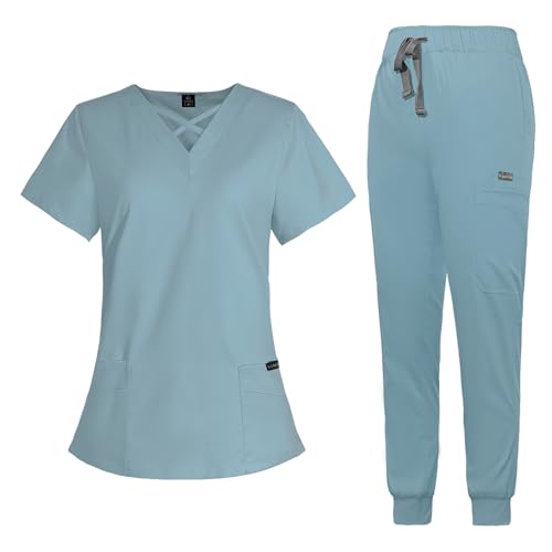 Image of VIAOLI Scrubs for Women Set Modern V-Neck Top & 8 Pocket Jogger Pants Nursing Uniform Solid Stretch Workwear