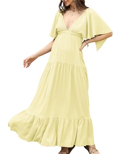 Image of Kikibell Women Summer Dresses Sexy V-Neck Maxi Dress Tiered Silhouette with Flutter Sleeve Backless Elastic Waist Flowy Dress