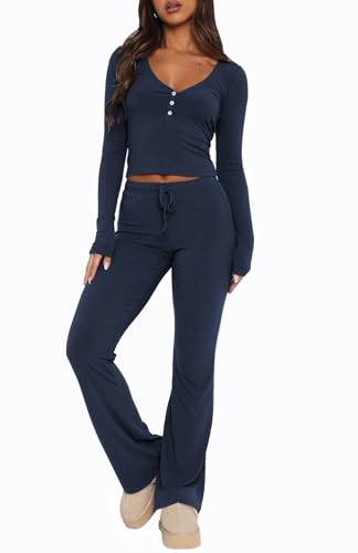 Womens 2 Piece Lounge Sets Long Sleeve Crop Tops V Neck Flare Pants Set Fall Y2k Casual Outfits
