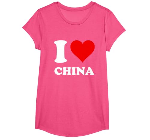 Red Heart I Love China T-Shirt, Girls, Pink Heather, Small