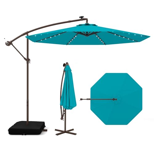 COSTWAY Sombrilla Terraza Exterior con Base, Parasol Excentrico 3x3 con 40 Luces LED, Sombrilla Jardin Inclinable con Manivela, Patio, Jardín, Terraza, Piscina, Playa (verde)