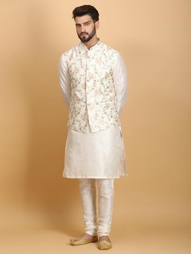 Image of Ethluxis Men Silk Blend Kurta Jacket Set with Mandarin Collar