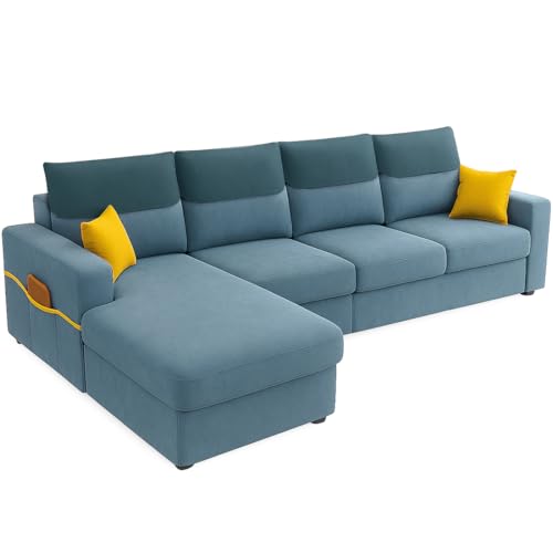 Image of Furny Tokiaa 8 Seater Fabric LHS L Shape Sofa Set with 1 Centre Table & 2 Puffy (Sky Blue) | Soft Velvet Fabric | Modern Design | Comfortable Seating | Living Room Furniture