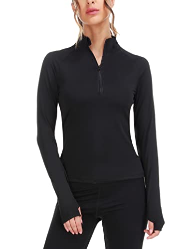 T-Shirt de Course à Pied à Manches Longues Tee Shirt de Sport Femme 1/4 Zip T Shirt de Compression Thermique Femme Séchage Rapide Haut Femme Running avec Trous pour Les Pouces Respirant（B-Noir，M）