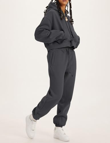Flygo Womens Fleece 2 Piece Outfits Sweatsuit Crop Pullover Sweatshirt Joggers Pants Tracksuit Set