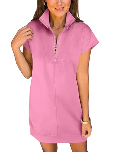 Image of ANRABESS Womens Summer Casual Half Zip Cap Sleeve Trendy Wrinkle-Free Tshirt Dress 2026 Spring Beach Vacation Short Dresses