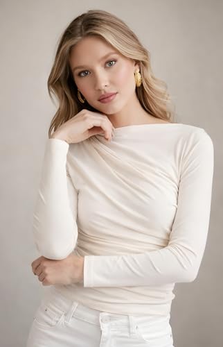 Image of SIGHTBOMB SOFTLINE Boat Neck Low Neck Drape Look Gathered Waterfall Afford LUX Edition Formal WEAR Long Sleeve Feather Touch TOP for Women