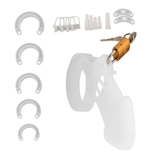 BDSMYEE Chastity Cage Male Peniskäfig Silikon mit 5 Hodenringe,Keuschheitskäfig Keuschheitsgürtel für Herren Sex Spielzeug für die Männer extrem Sex Toyset Herren (Transparent, Langer Stil)