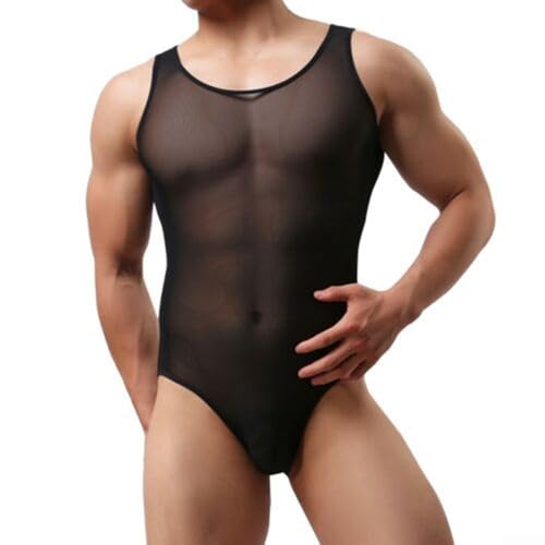 Body de leotardo sensible para hombre con material transparente, bolsa de bulto y contorno inspirado en suspensorios (negro)
