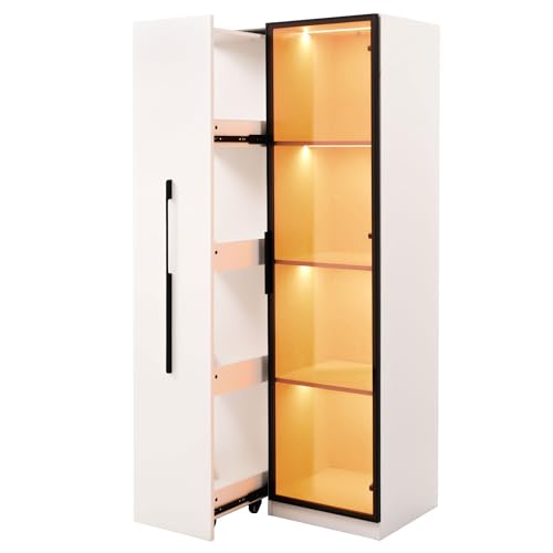 Gxffipw Vitrine Highboard Weiss 70x40x160 cm mit Bücherregal und Glastür, Vitrinenschrank Glasvitrine mit Seitliche Schublade und LED-Beleuchtung, Glasvitrine Stehend mit Rollen, Wohnzimmerschrank