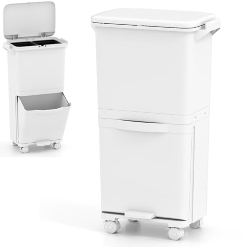 COSTWAY Recycling Bins, 40L Pedal Bin Trash Can with 3 Compartments, Wheels, Classification Stickers & Handle, Vertical Waste Separation System Garbage Can (42 x 28 x 74cm, with 2 Removable Buckets)