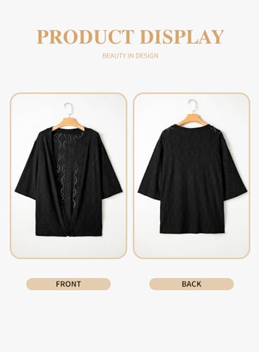 Eytino Women Plus Size Kimono Cardigan Half Sleeve Knitted Jacquard Loose Casual Blouse Tops,1X Black
