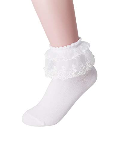 YJLSO Women Lace Ruffle Frilly Cotton Socks Princess Socks Ankle Socks,2 pairs (White -1 pairs),One Size