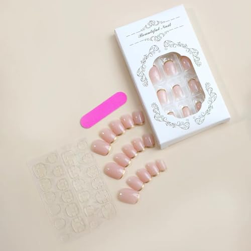 Image of Gold French Tip Press on Nails Short Fake Nails with Design Square Acrylic Glue on Nails Glossy Full Cover Nude Stick on Nail Reusable Artificial Squoval False Nail for Women Girls Manicure 24pcs