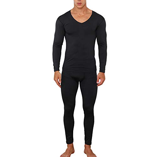 Lovexotic Men's Ultra Soft Long Johns Set, V-Neck Lined Seamless Thermal Underwear, Long Sleeve Base Layer with Fleece Lined L Black