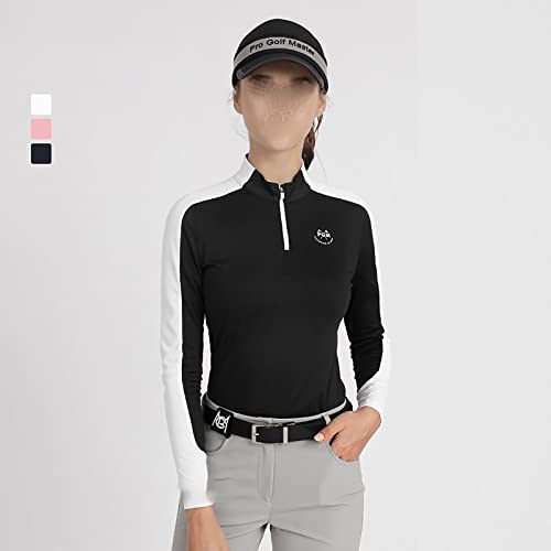 Camiseta polo de golfe de manga comprida com zíper e gola feminina elástica slim esportiva respiráve