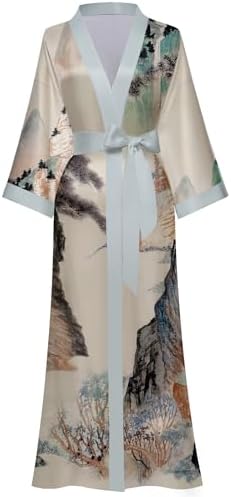 Kihnop Women's Floral Long Kimono Robe Long Satin Robe Long Silk Robe Ladies Kimonos Silky Bathrobe Cover Up, One Size
