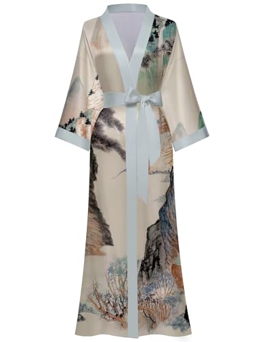 Kihnop Women's Floral Long Kimono Robe Long Satin Robe Long Silk Robe Ladies Kimonos Bachelorette Robe, One Size