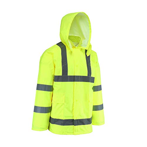 West Chester 44033JCA Hi-Viz Rain Jacket, X-Large - Green, Poly Oxford w/PU Coating, Corduroy Collar, Exterior Pockets