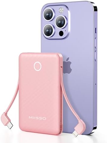 miisso 6000mah Ultra Slim Built in Cables Power Bank, Card Size Built in USB C Cords Battery Pack Portable Charger for Phones, 3 Output External Battery Pack Compatible with iPhone, Pink