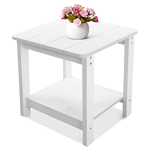 Outdoor Side Table, Weather Resistant 2-Tier Side Table, HIPS Plastic End Table, Adirondack Side Table, Rocker Side Table for Backyard, Patio, Pool, Deck and Garden, White, 17 x 17x 17.5 inches
