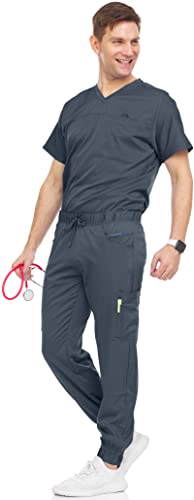 MediChic Men's Scrubs Set – Stretch V-Neck Workwear, 7-Pocket Jogger Pants, Flex Medical Uniforms, Pewter Large