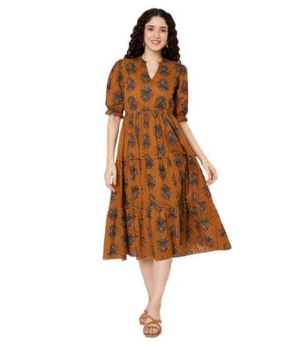 Image of PIDAVLIYA'S Women's Cotton Floral Printed Midi Dress | V-Neck Fit & Flare Dress with Puff Sleeves | Casual Summer Wear
