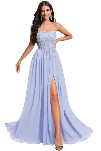 Chiffon Bridesmaid Dresses for Women with Slit Spaghetti Straps Formal Party Dress with Rhinestones Beads
