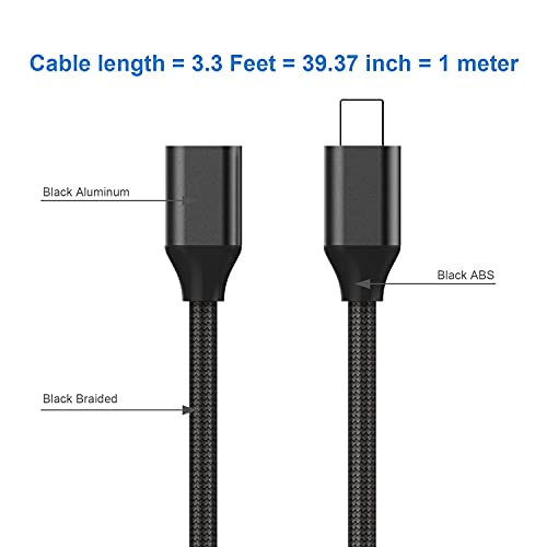 EMATETEK Braided Extender Cable Male to Female Pass Audio Video Picture Data and Power Charge. 1PCS 3.3Feet Extension Cord Connector Made of Black Aluminum & Braided.
