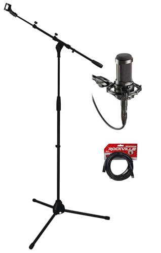 Audio-Technica AT2035 Side Address Cardioid Condenser Studio Mic/Mic+Case Bundle with Rockville RCXFM20E-B 20 Foot Female to Male XLR Mic and RVMIC1 Mic Stand with Boom & Tripod Base