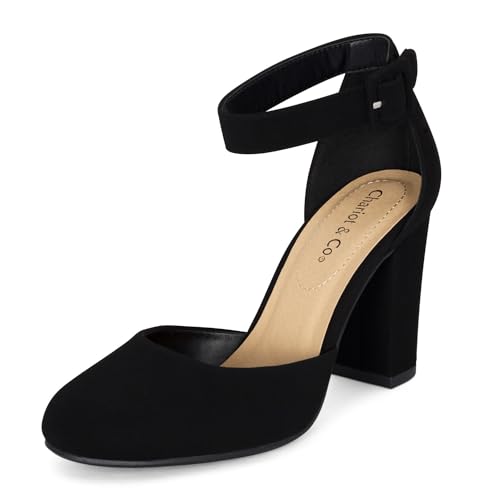 Chariot & Co Posh Women's Ankle Strap Block Heel Dress Shoes – Closed Toe Vegan Leather in Black PU and NBPU2