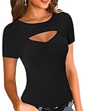KTILG Cut Out Front Top Sexy Keyhole Tops for Women Short Sleeve Party Night Dressy Shirts Tshirt Black Clubwear XL