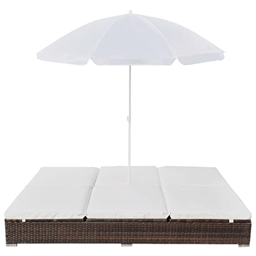 Genérico Tumbona Cama con sombrilla ratán sintético marrón,Camas para exteriores-42949