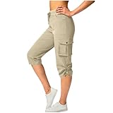 Linen Shorts Women,Women's Athletic Cargo Joggers Elastic Waist Hiking Cropped Pants Running Workout Utility Capris Capri Pant with Flip Pockets Beige