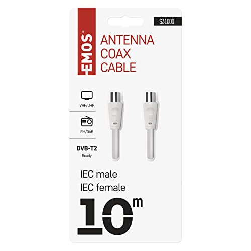 EMOS Antennenkabel, Koaxialkabel, Fernsehkabel 10 m, Koax-Kabel für Digitales Fernsehen, TV, Receiver, SAT, doppelt abgeschirmt, gerader Koax-Stecker auf gerade Koax-Buchse