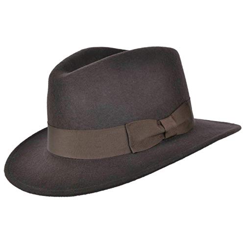 Image of Hand Made Crushable Felt Fedora HAT 100% Wool Elegant Gents HAT with Wide Band Indiana Style (Brown, XLarge 61 cm)