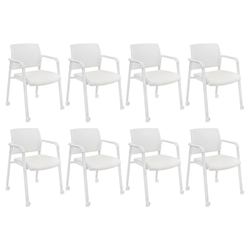 Image of CLATINA Mesh Back Guest Reception Stacking Chair with Wheels, Waiting Room Stackable Chairs with Upholstered Leather Seat & Ergonomic Lumbar Support for Office Conference School Lobby, White, 8 Pack