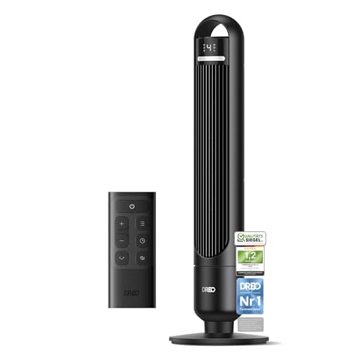 Dreo 23dB Leiser Turmventilator, Ventilator mit Kühlung, Fernbedienung für Schlafzimmer, Tower Fan mit 4 Geschwindigkeiten, 3 Modi, 9,8 m Windreichweite, 8H Timer, 90° Oszillierend für Wohnzimmer