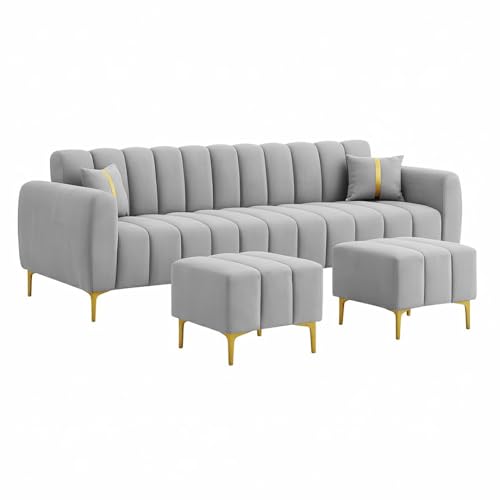 Image of Harmonica 3 Seater Modular L Shape Sofa Set with 2 Ottoman| Soft Velvet Upholstery, Sturdy Wooden Frame | Modern Sofa for Living Room, Hall & Office Spaces (Light Grey)