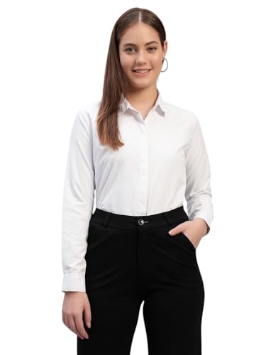 Image of Women Regular Fit Solid Spread Collar Full Sleeve Solid Cotton White Formal Shirt