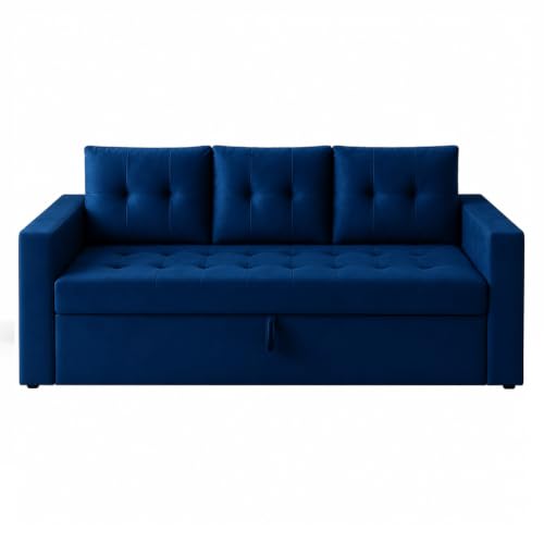 Image of FURNY Tressa 3 Seater Fabric Pull-Out Sofa Cum Bed Function (Dark Blue) | Luxury Velvet Suede Finish | Durable Comfort Sofa Bed for Modern Living Room & Office Spaces