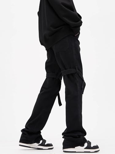 GUOYUXIAO Men's Jeans High-Street Tie-Waist Flared Straight-Leg Denim Pants Casual Workwear Trouser for Men3