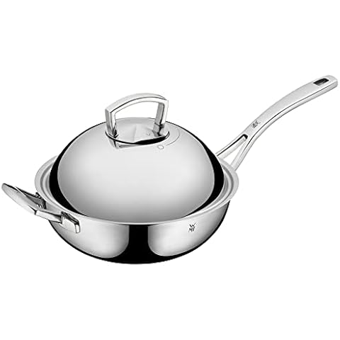 WMF Multiply Wokpfanne 28 cm, Wok Induktion unbeschichtet, Metalldeckel mit Wrasenabzug, Mehrschichtmaterial, Cromargan Edelstahl Cover