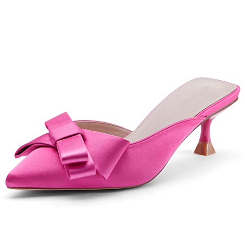 Coutgo Womens Kitten Heel Mules Pointed Toe Bow Backless Sexy Slide Sandals Low Heeled Party Wedding Dress Shoes Rose Red #TOP24